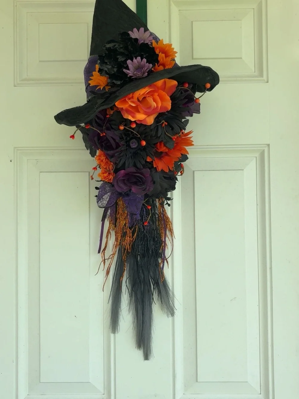 Halloween Witch Hat Door Wreath with Black, Orange & Purple Flowers